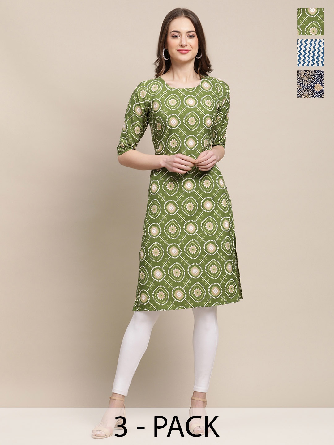 

7Threads Selection Of 3 Ethnic Motifs Printed Straight Kurtas, Green
