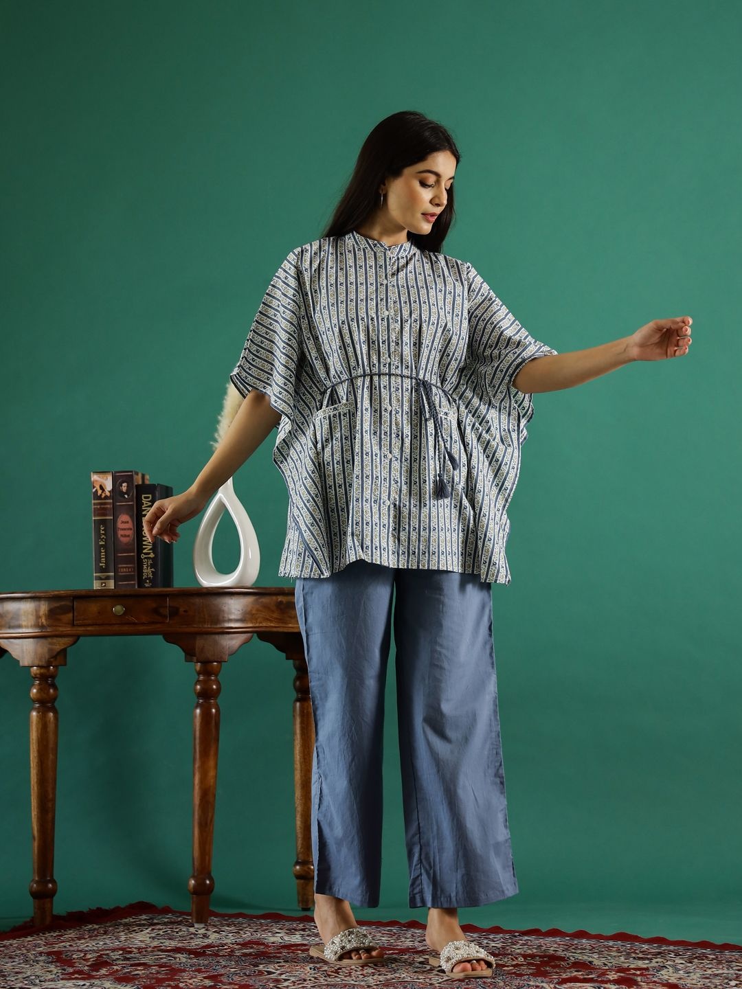

Sangria Printed Pure Cotton Tunic With Trousers Co-Ords, Blue