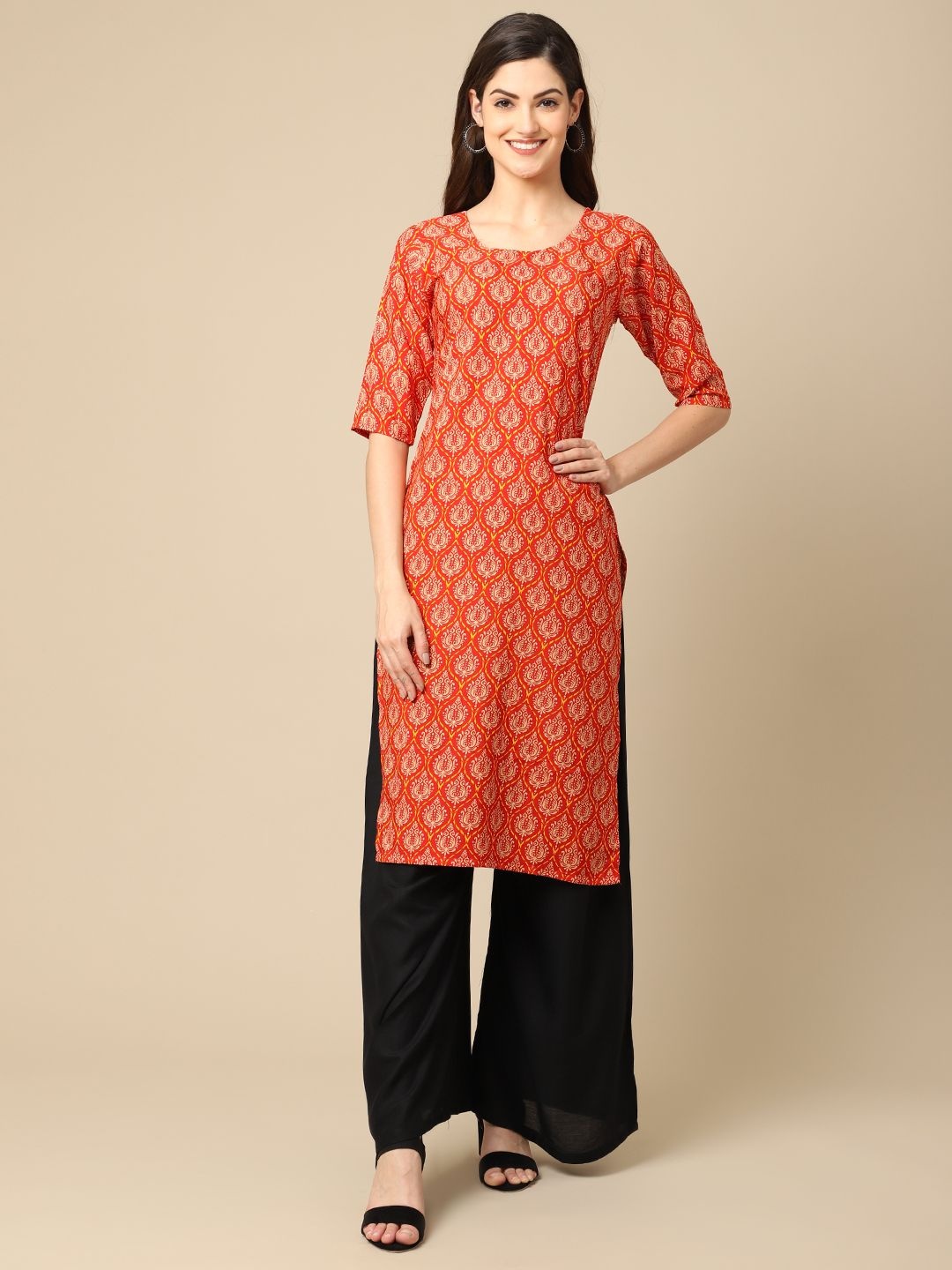 

7Threads Women Ethnic Motifs Printed Floral Crepe Kurta, Orange