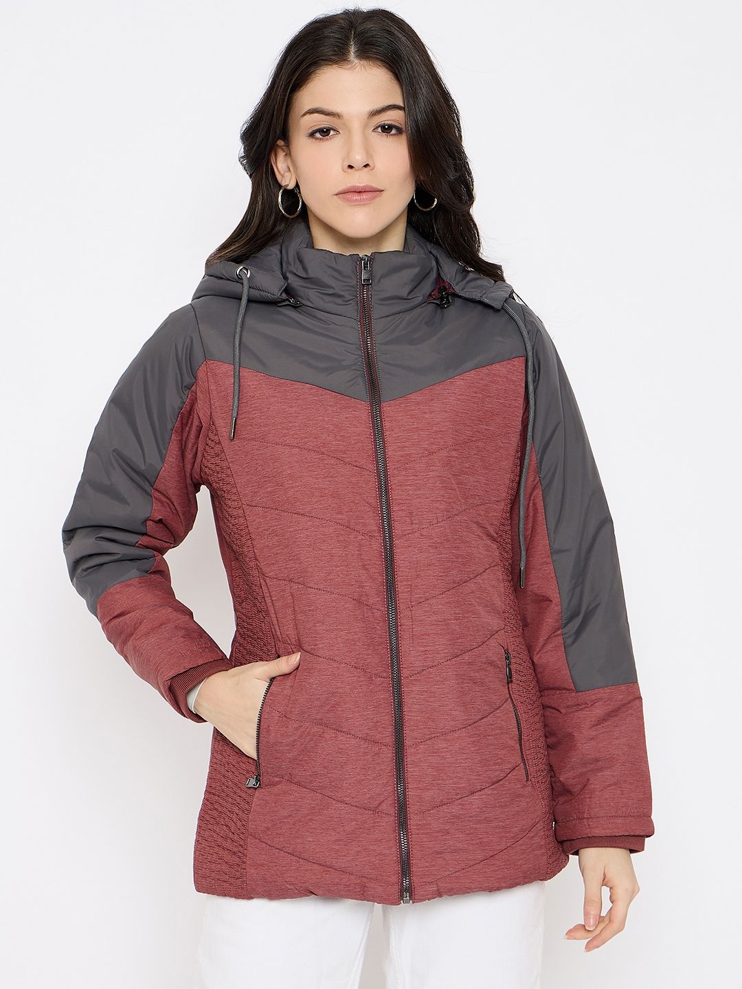 

Duke Women Colourblocked Polyester Quilted Jacket, Maroon