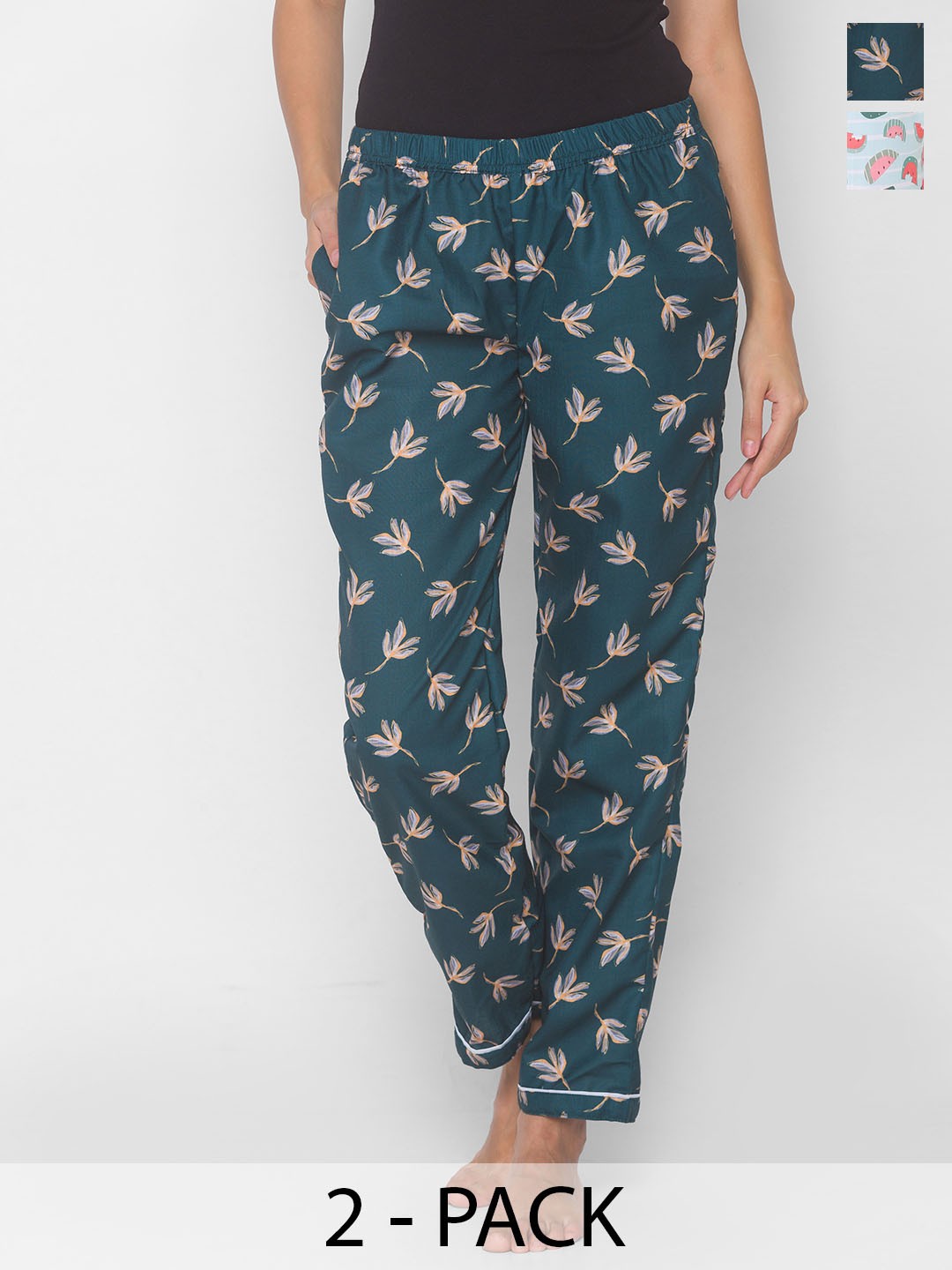 

NOIRA Women Pack Of 2 Printed Mid-Rise Lounge Pants, Teal