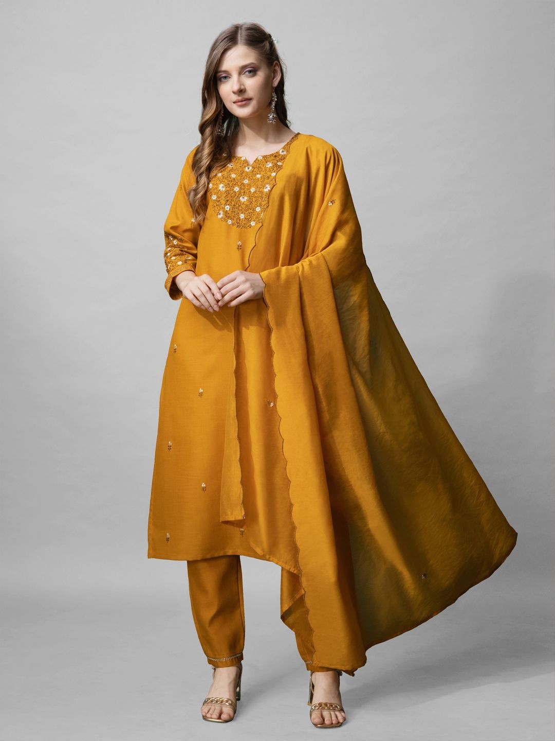

HI FI NX Women Embroidered Regular Kurta with Trousers & With Dupatta, Mustard