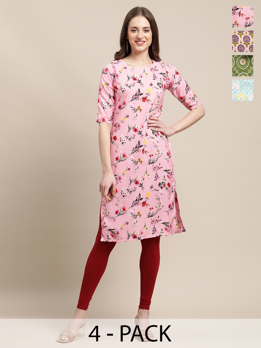 

7Threads Selection Of 4 Ethnic Motifs Printed Round Neck Crepe Straight Kurta, Pink