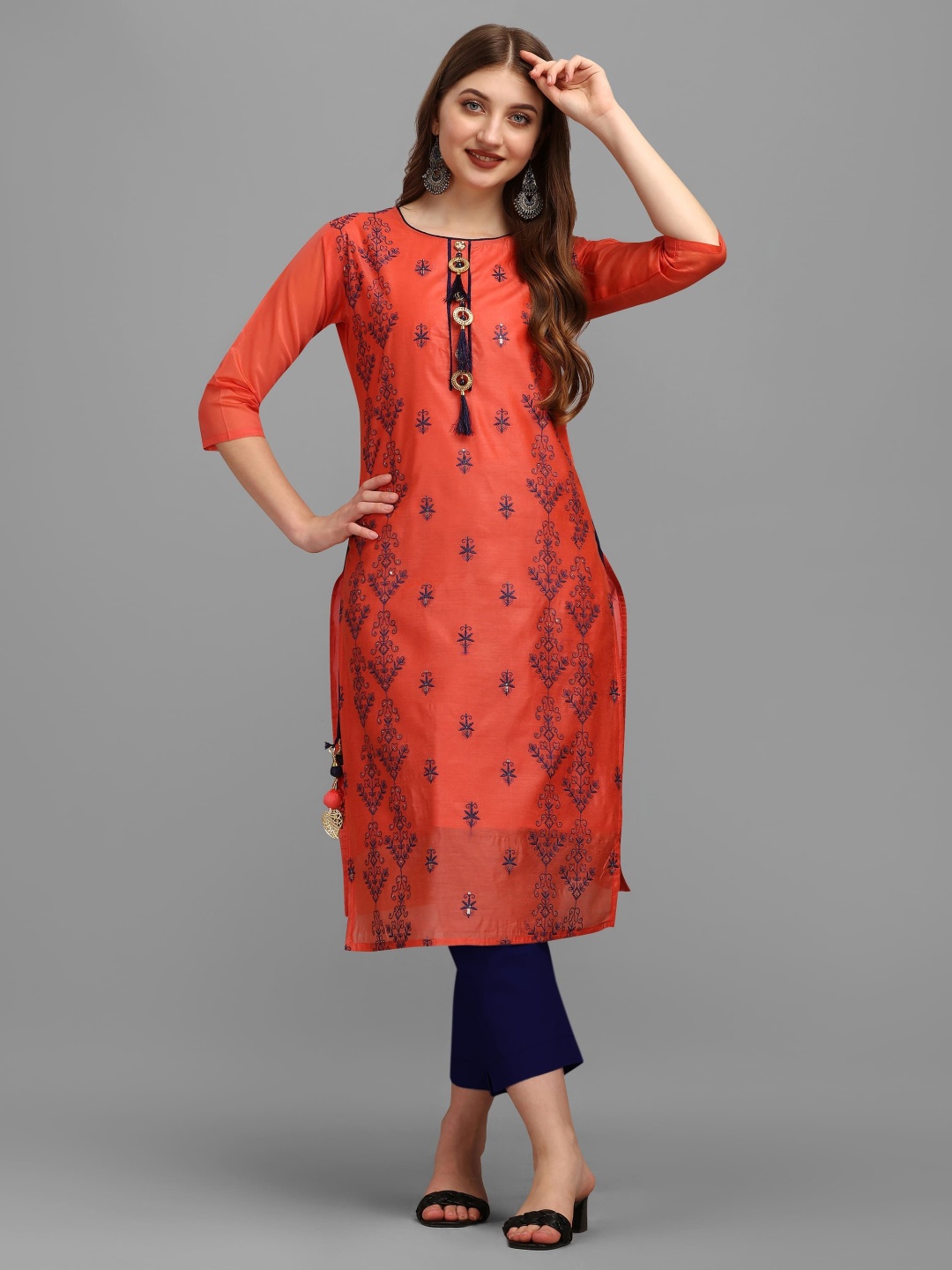 

QROMOS Women Ethnic Motifs Embroidered Regular Thread Work Chanderi Silk Kurta with Trousers, Coral