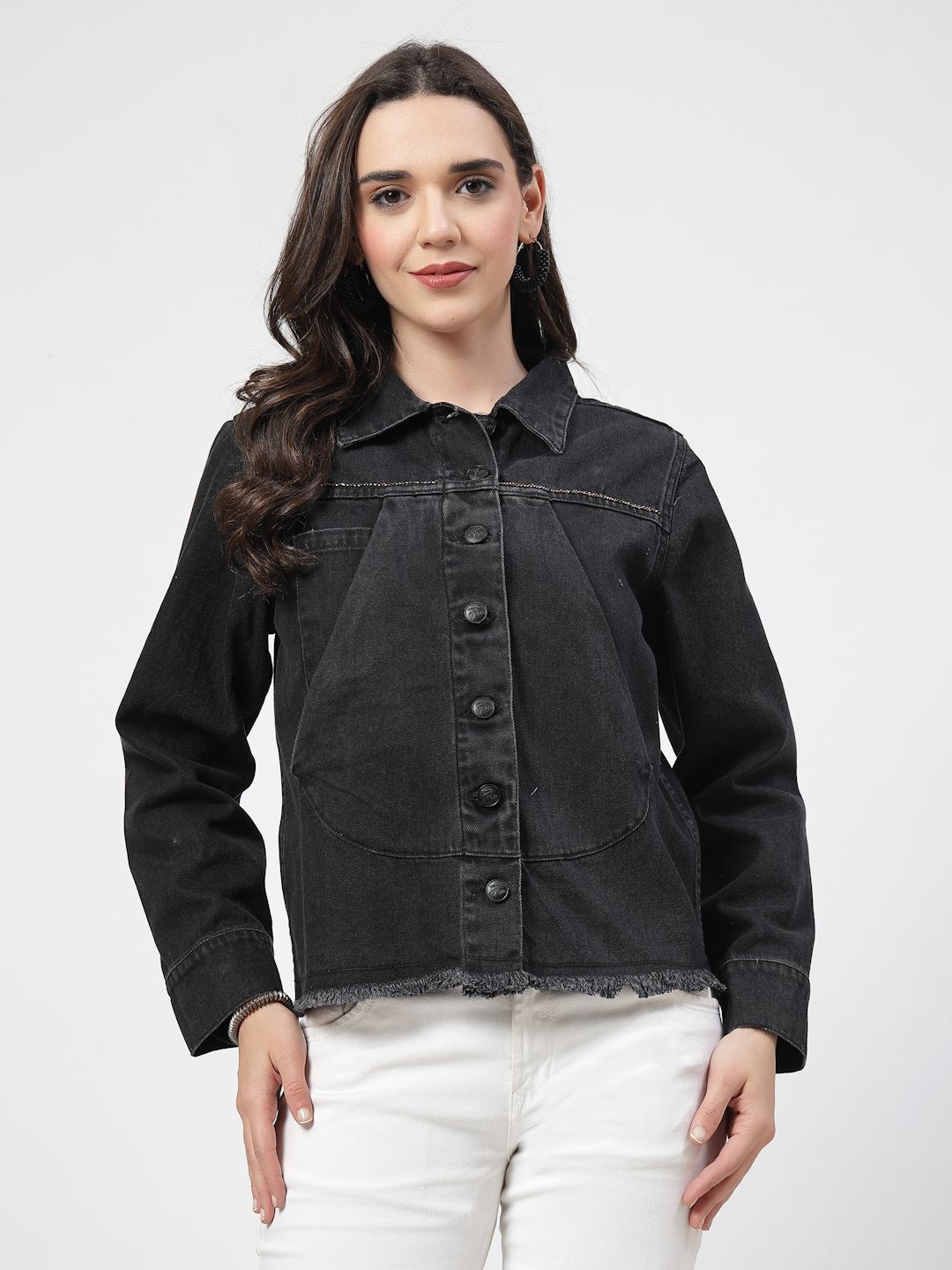 

COSMIC TRIO Women Spread Collar Solid Cotton Casual Lightweight Denim Jacket, Black