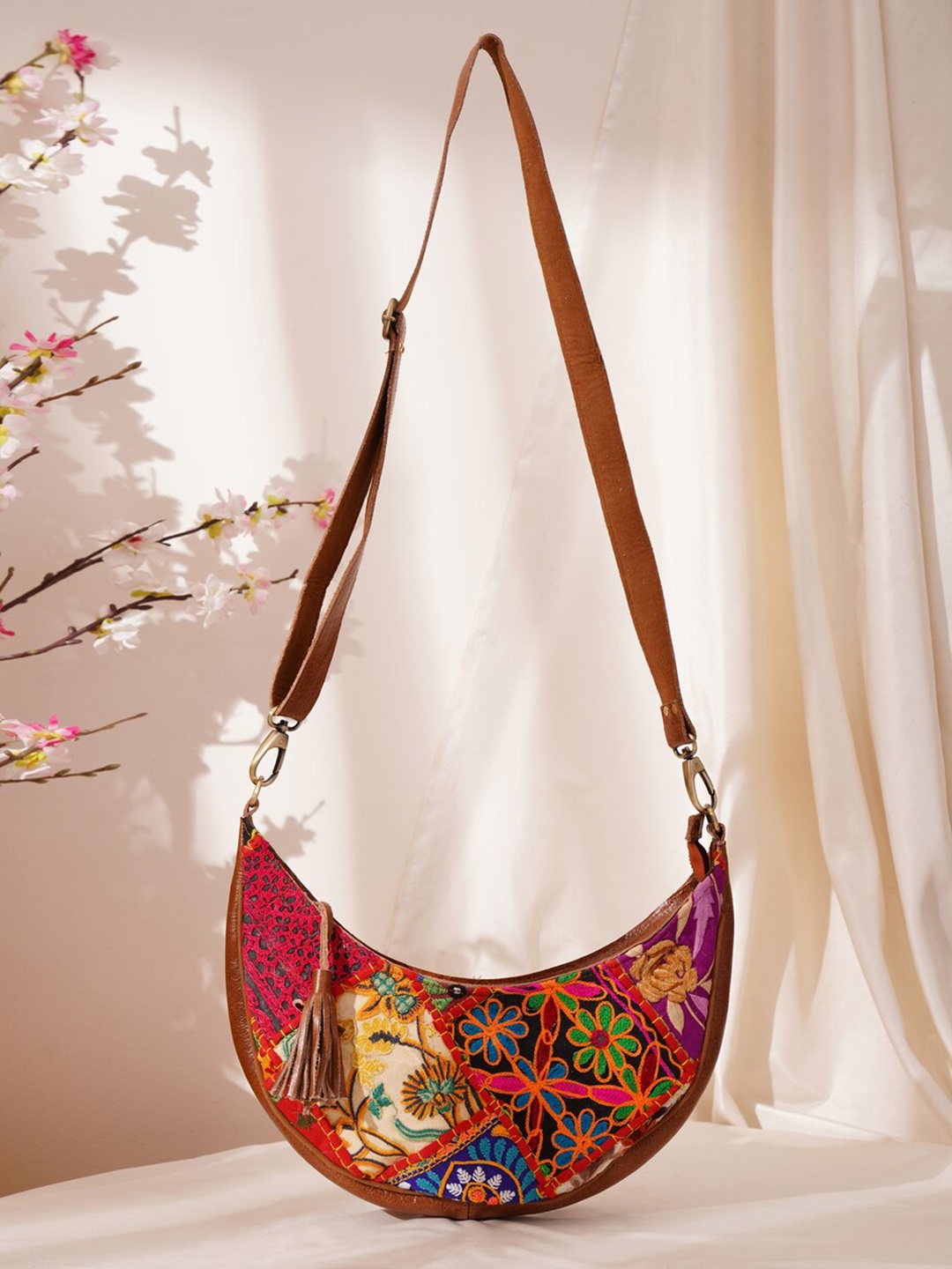 

JAYPORE Women Floral Printed Crossbody Leather Sling Bag, Brown