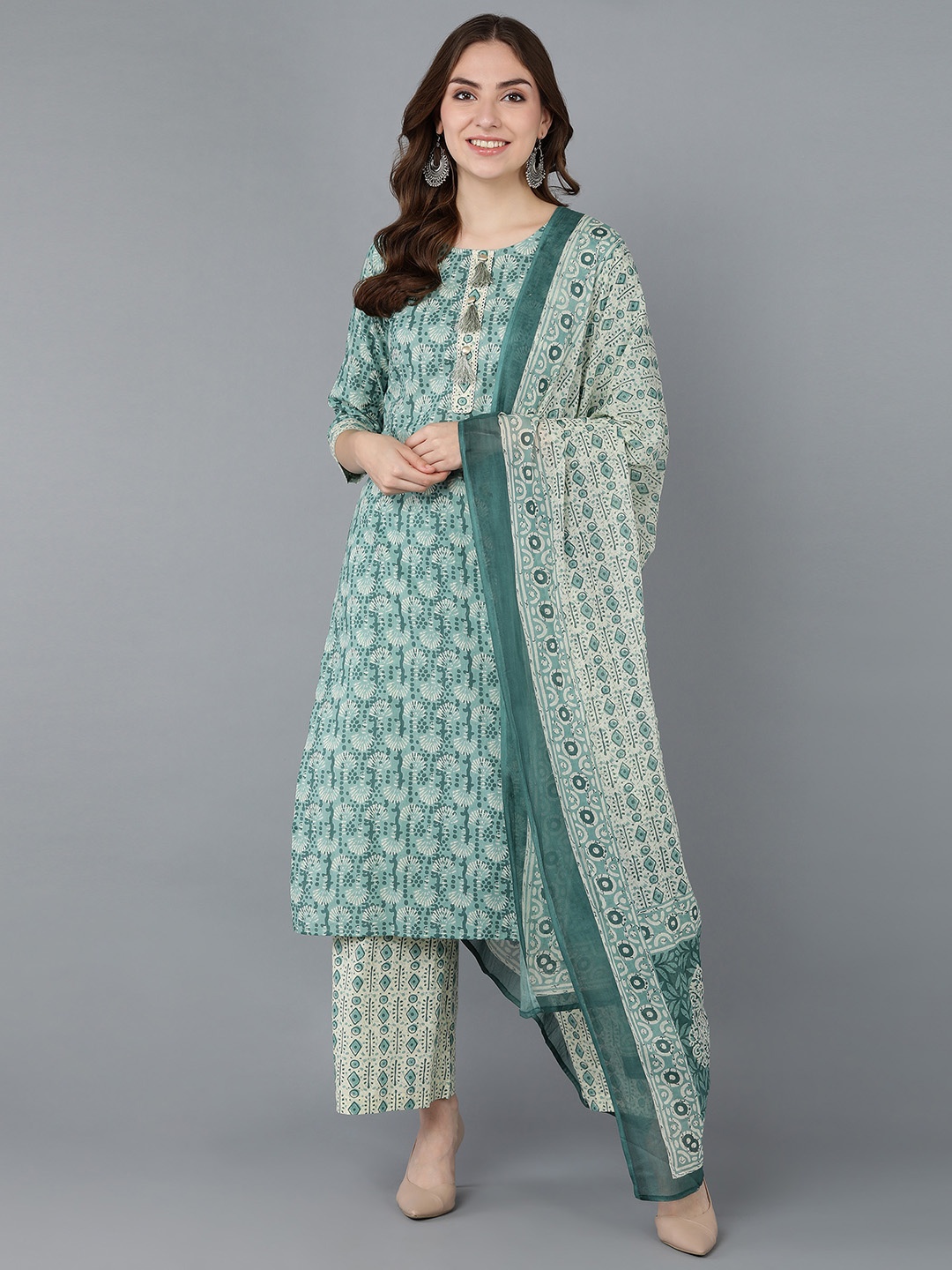 

kipek Women Ethnic Motifs Printed Regular Pure Cotton Kurta with Palazzos & With Dupatta, Green