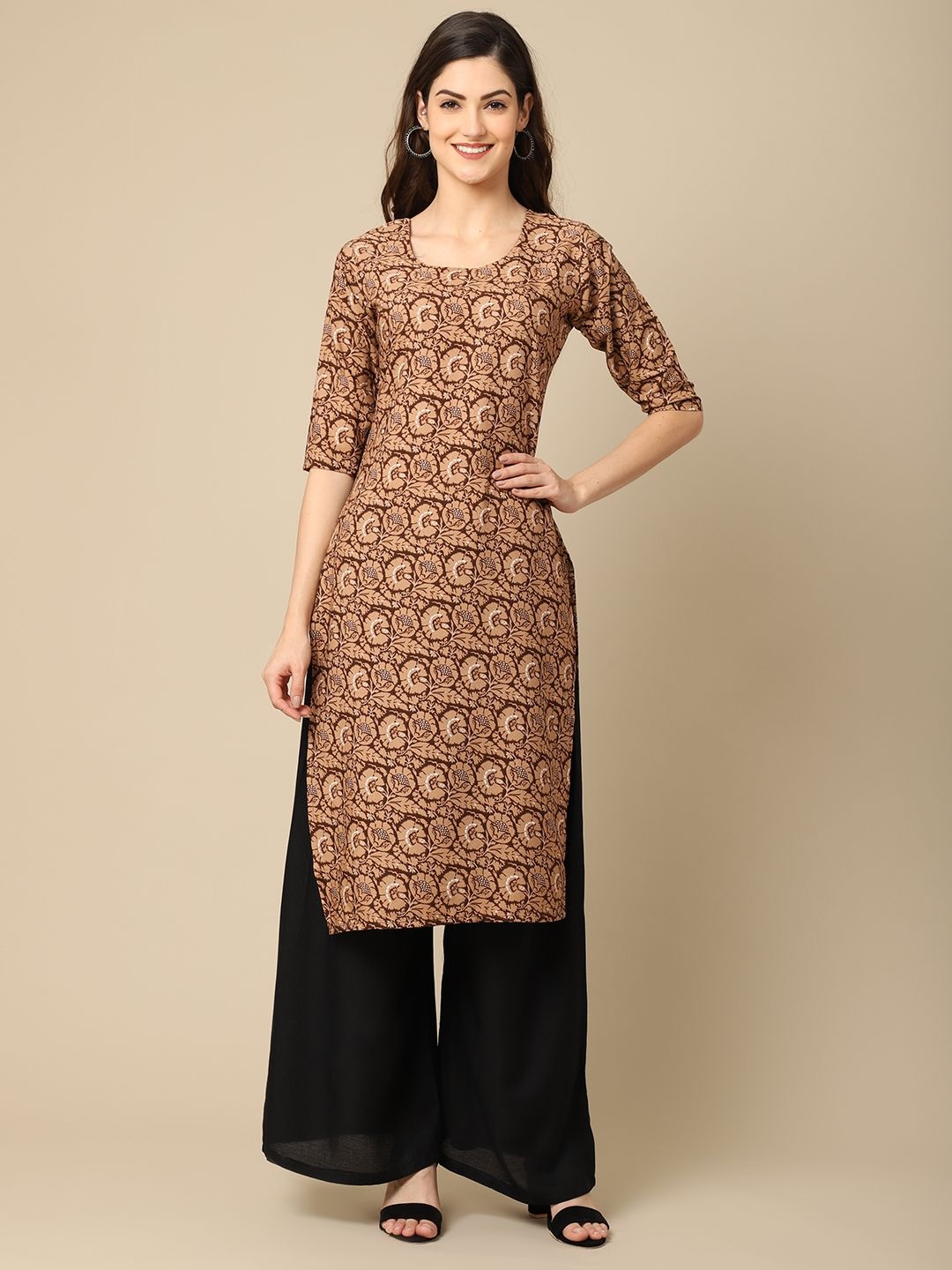 

7Threads Women Ethnic Motifs Printed Floral Crepe Kurta, Beige