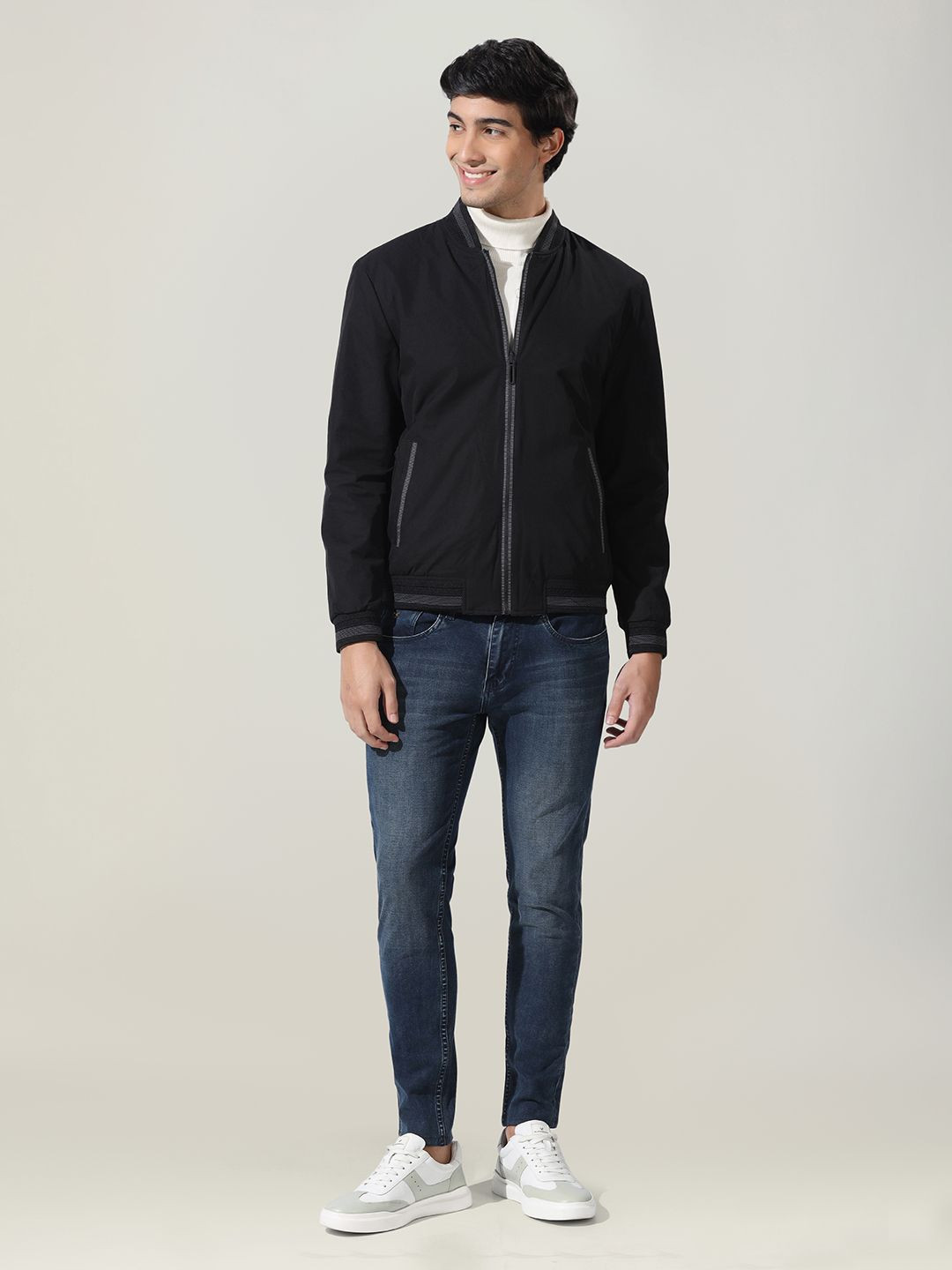 

Blackberrys Men Geometric Checked Polyester Crop Bomber with Embroidered Jacket, Black