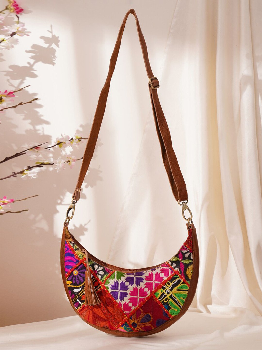 

JAYPORE Women Floral Printed Crossbody Leather Sling Bag, Brown