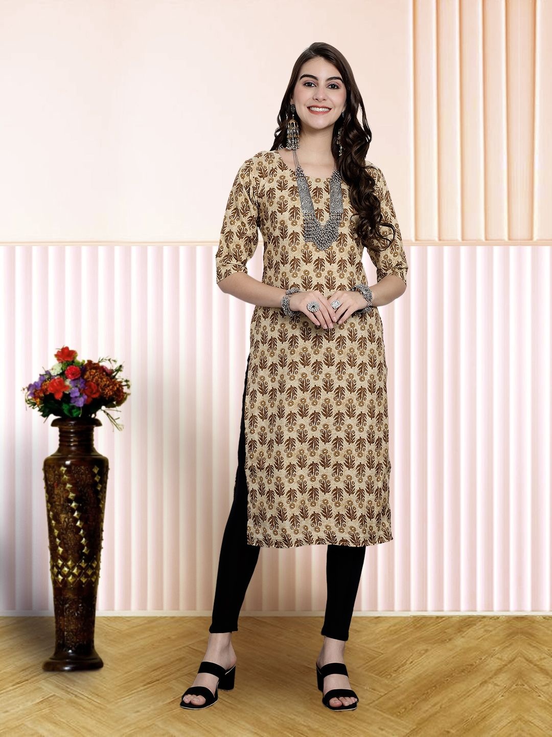 

7Threads Women Ethnic Motifs Printed Floral Crepe Kurta, Beige