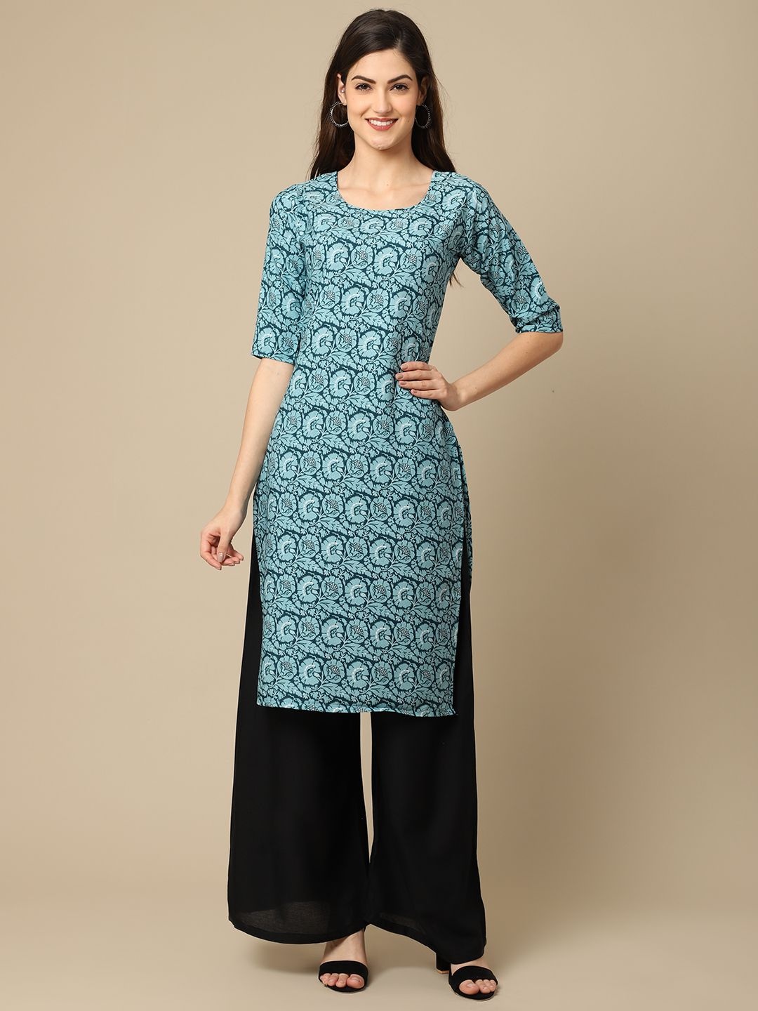 

7Threads Women Ethnic Motifs Printed Floral Crepe Kurta, Teal