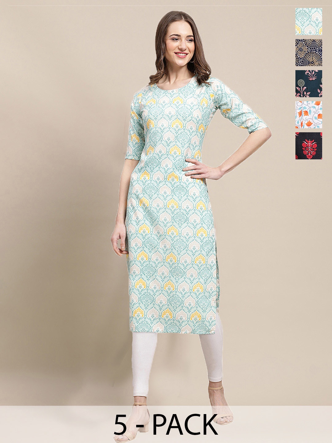 

7Threads Selection of 5 Geometric Printed Crepe Straight Kurta, Blue