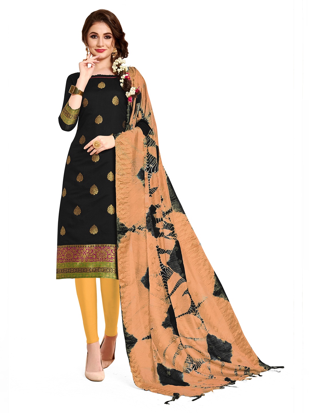 

Maroosh Ethnic Motifs Woven Design Banarasi Silk Unstitched Dress Material, Black