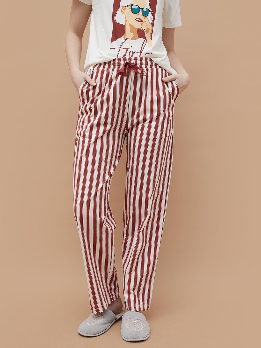 

Ginger by Lifestyle Women Striped Mid-Rise Cotton Lounge Pant, Red