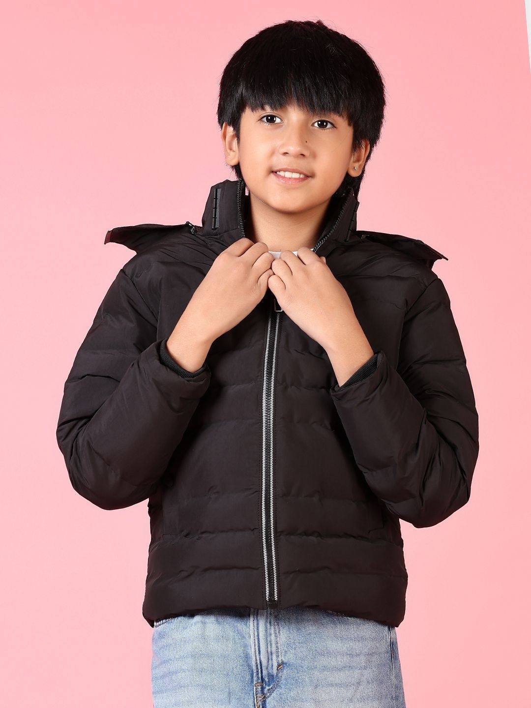 

V-Mart Boys Hooded Solid Cotton Casual Puffer Jacket, Black