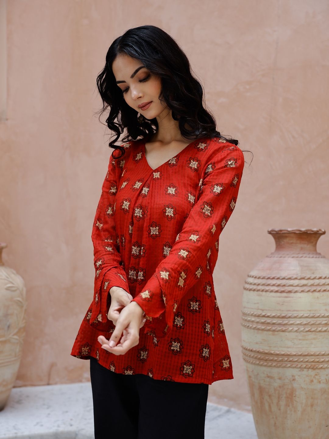 

Sangria Printed Top With Trousers Co-Ords, Rust