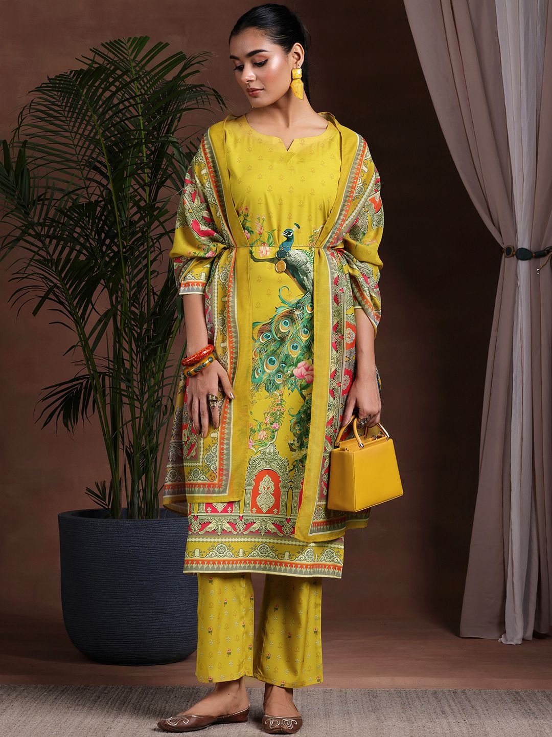 

Libas Women Animal Printed Regular Kurta with Trousers & With Dupatta, Mustard
