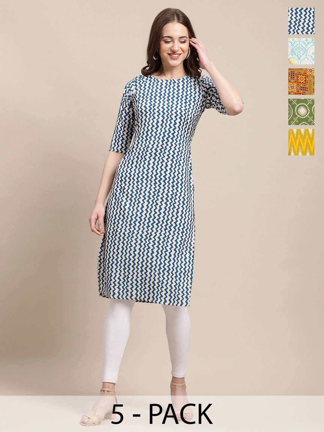 

7Threads Selection of 5 Chevron Printed Round Neck Kurtas, Navy blue