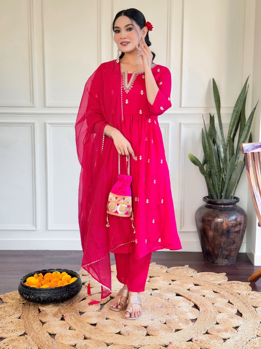 

KALINI Women Ethnic Motifs Embroidered Pleated Thread Work Kurta with Trousers & With Dupatta, Maroon