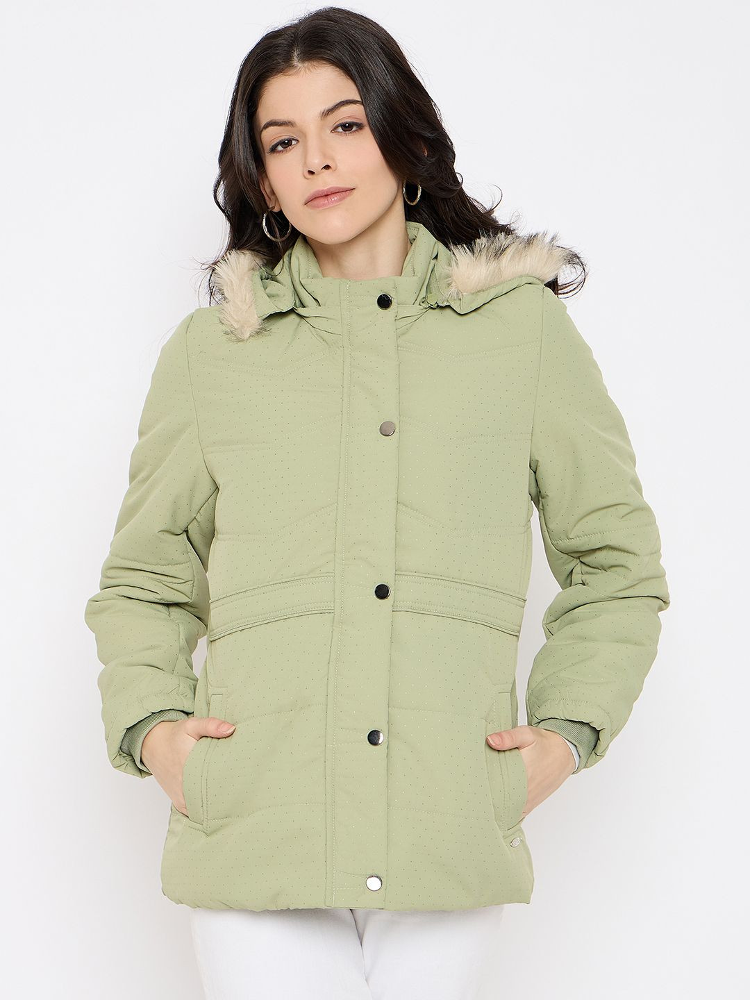 

Duke Women Self Design Faux Fur Trim Parka Jacket, Green