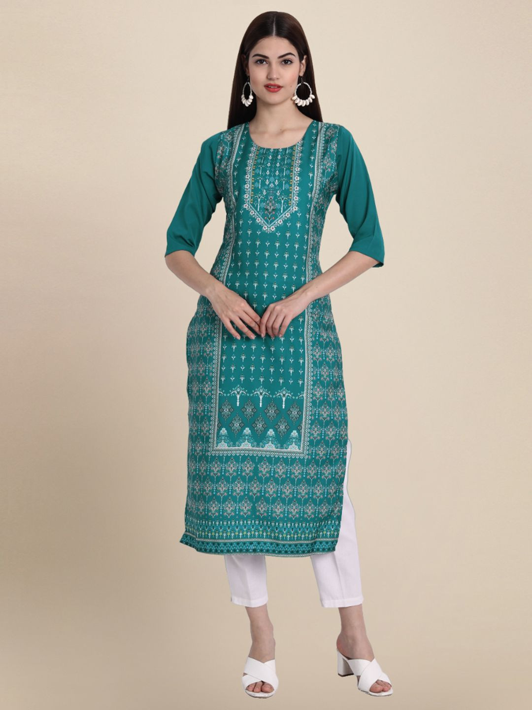 

7Threads Women Ethnic Motifs Printed Floral Crepe Kurta, Blue