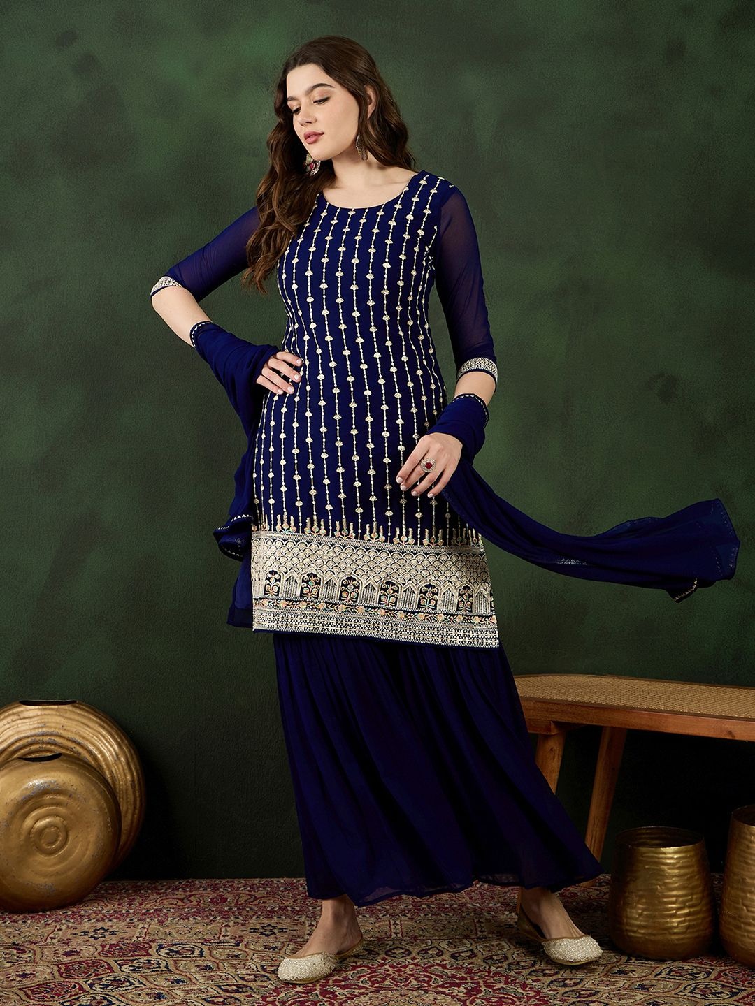 

Sangria Thread Sequence Embroidered Kurta With Sharara & Dupatta Kurta Sets, Blue