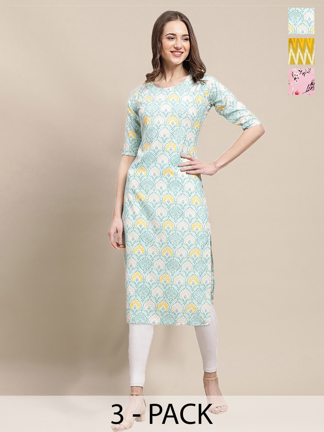 

7Threads Selection Of 3 Chevron Printed Round Neck Crepe Straight Kurta, Blue