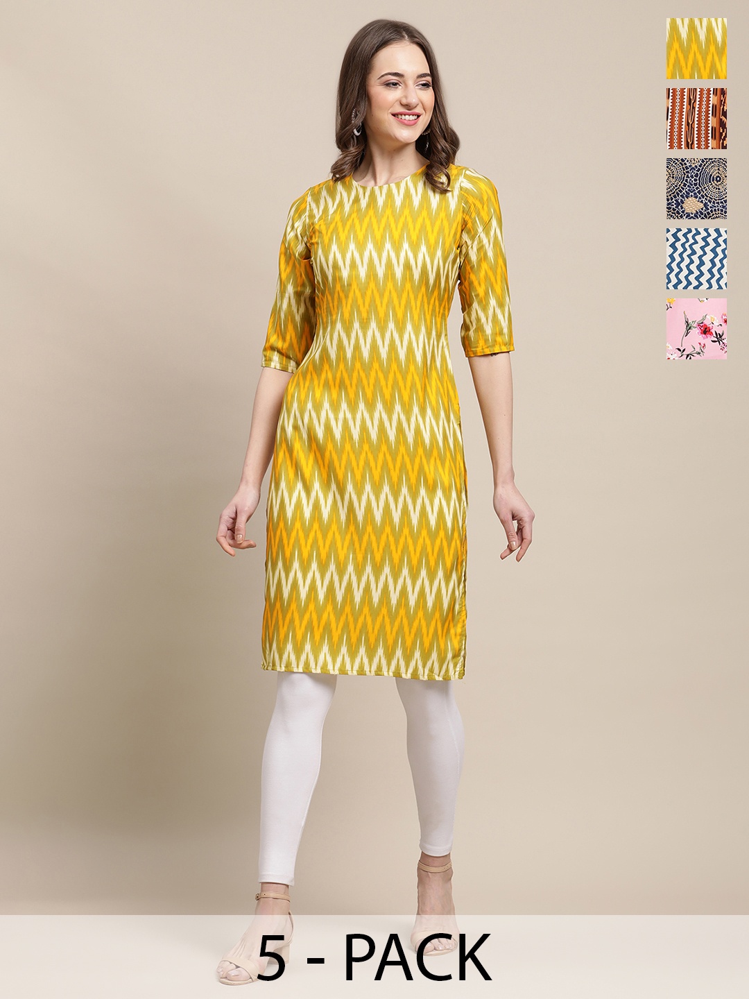 

7Threads Selection Of 5 Ethnic Motifs Printed Straight Crepe Kurta, Pink