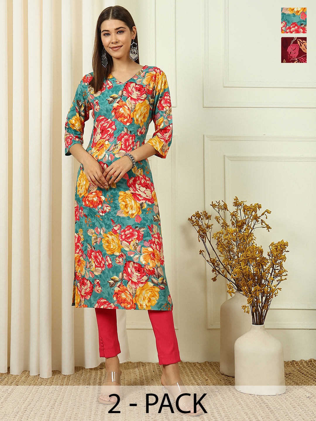 

Anouk Rustic Selection Of 2 Floral Printed V-Neck Straight Kurtas, Blue