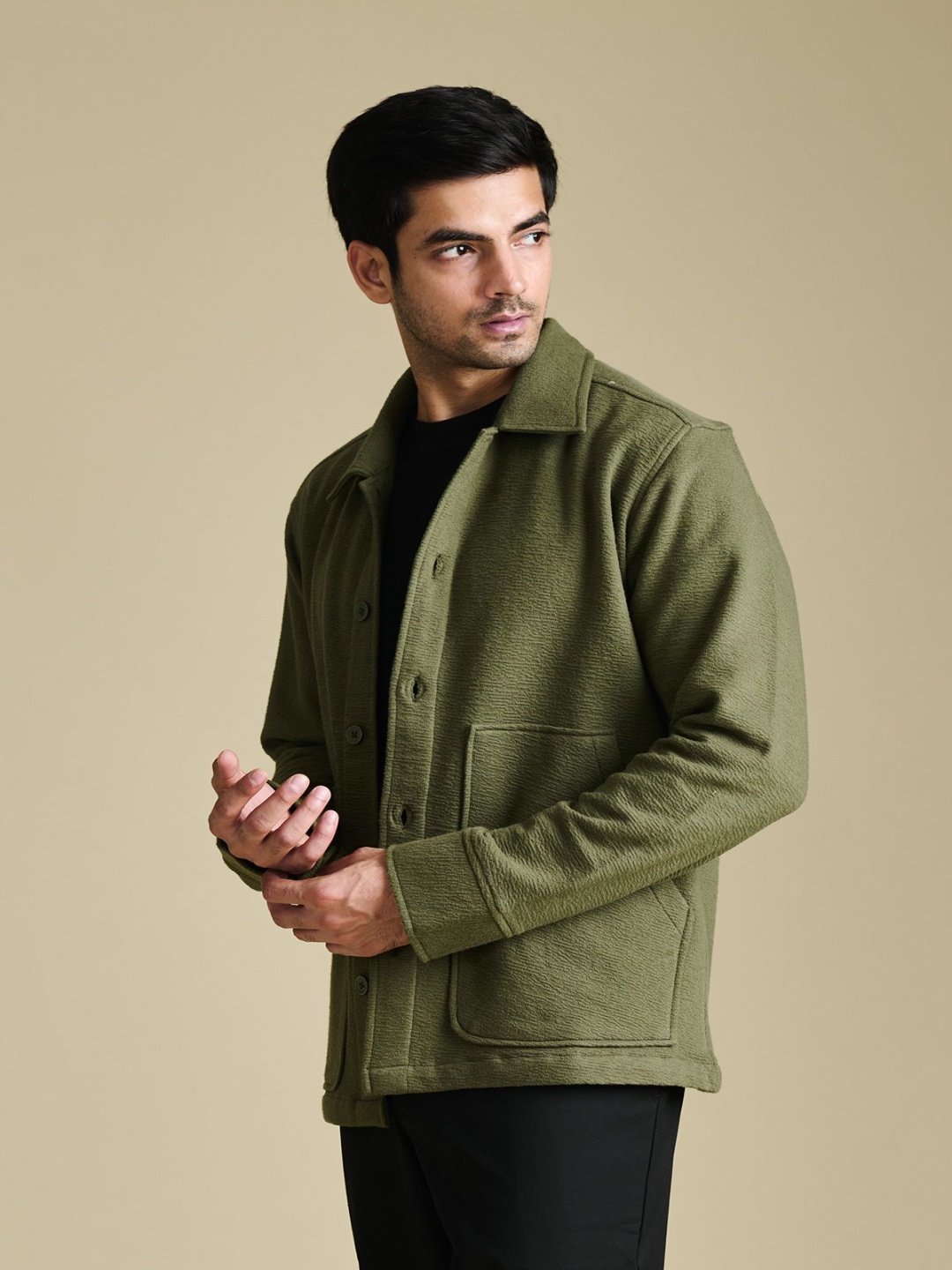 

Beyours Textured Vintage Spread Collar Relaxed Fit Pure Cotton Shacket, Olive