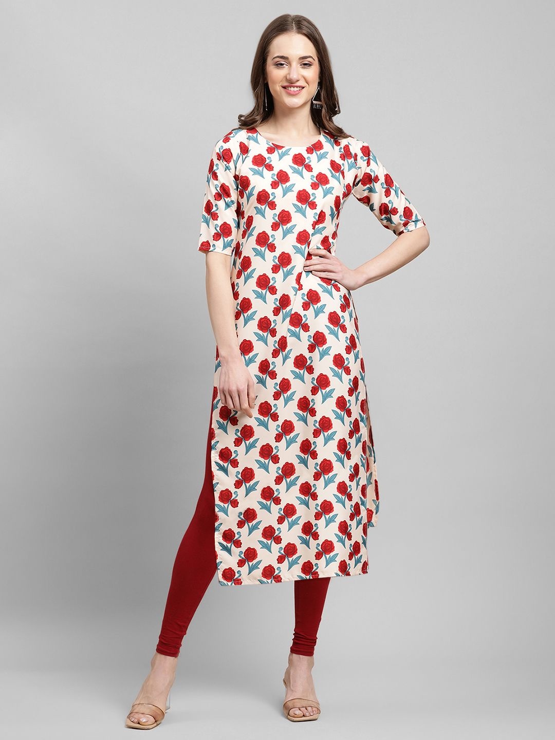 

7Threads Women Ethnic Motifs Printed Chikankari Floral Crepe Kurta, Red