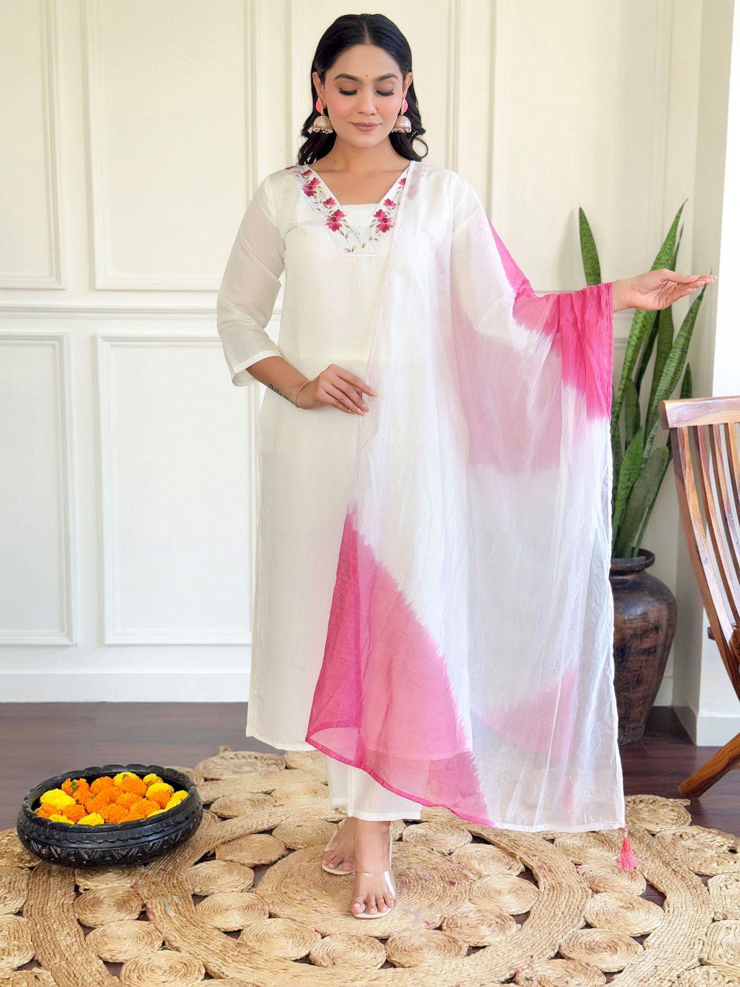 

KALINI Women Yoke Design Regular Thread Work Chanderi Silk Kurta with Trousers & With Dupatta, White