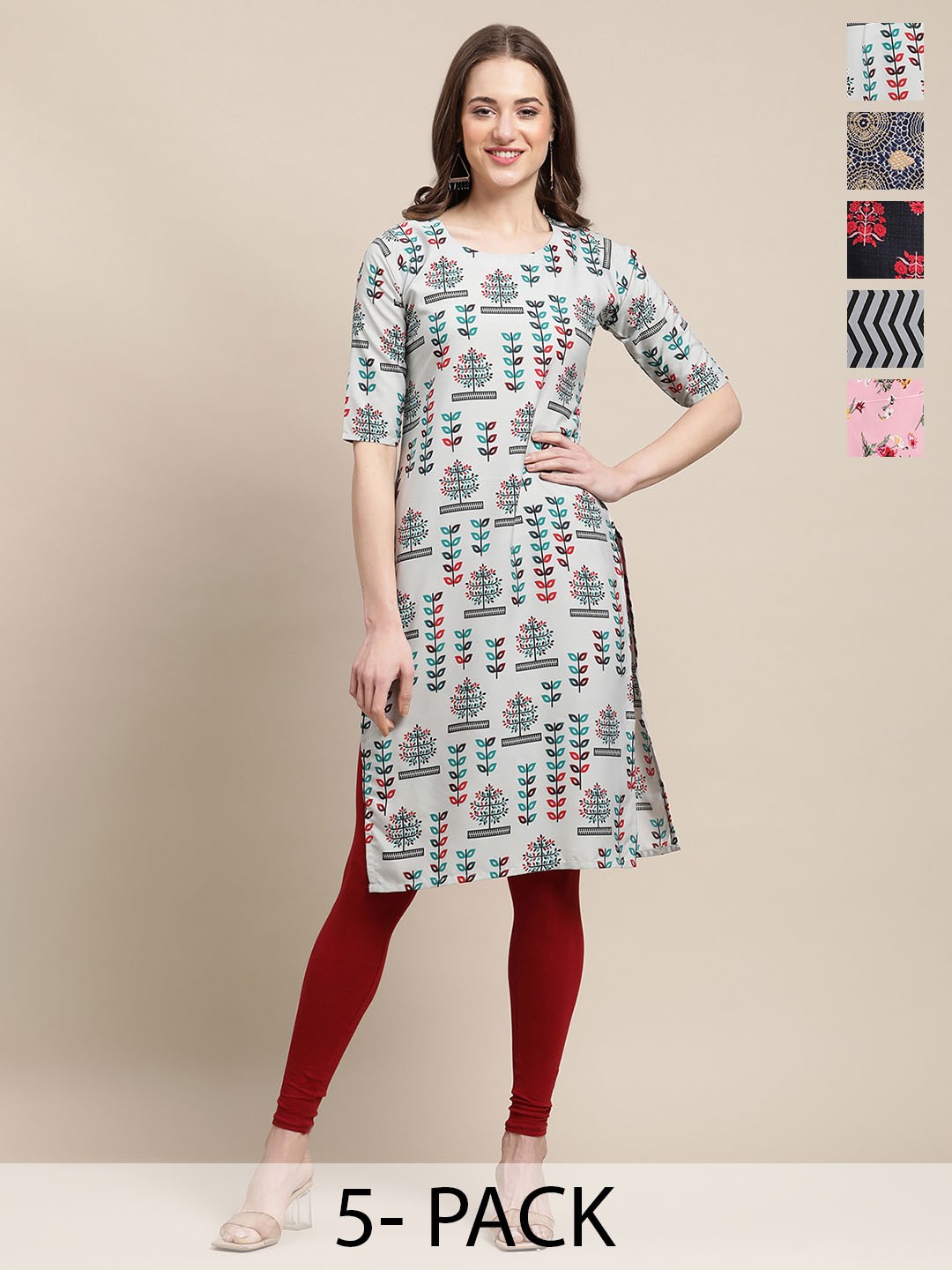 

7Threads Set Of 5 Floral Printed Round Neck Regular Sleeves Machine Weave Straight Kurta, Green