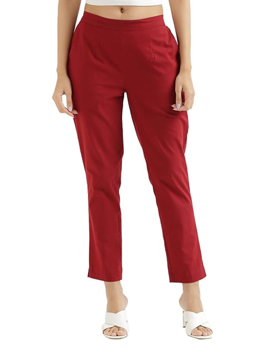 

MIRAYYA Women Relaxed Straight Leg Fit Mid-Rise Cropped Cotton Trousers, Red