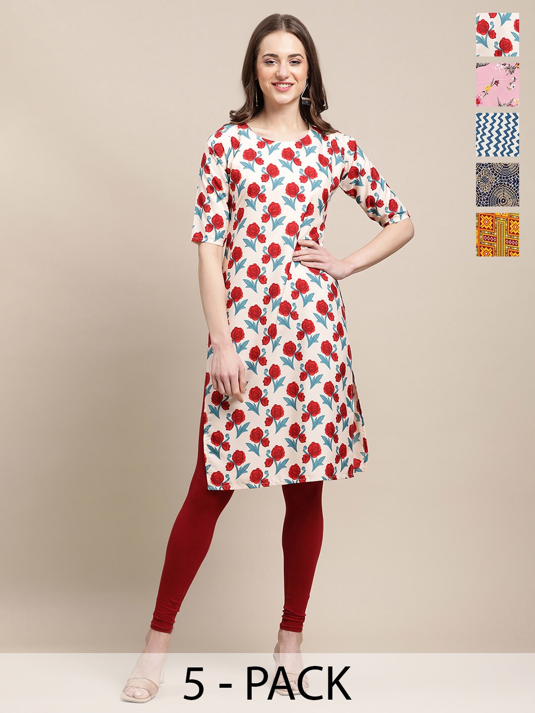 

7Threads Selection of 5 Floral Printed Crepe Straight Kurta, Red