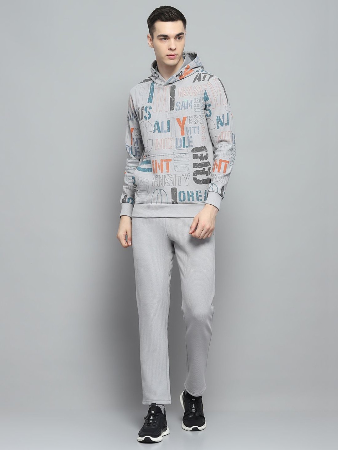 

Monte Carlo Printed Hooded Neck Full Sleeve Tracksuit, Grey