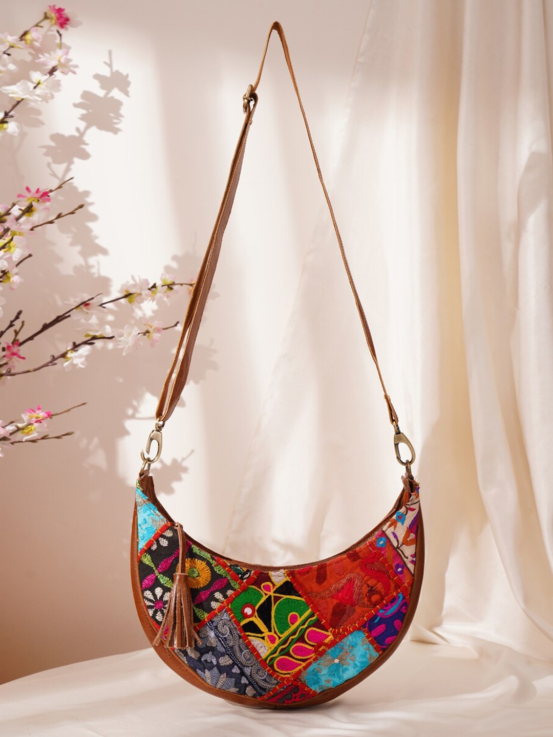 

JAYPORE Women Floral Printed Crossbody Leather Sling Bag, Brown