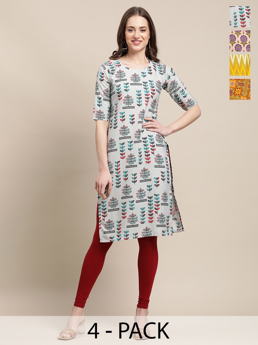 

7Threads Selection Of 4 Floral Printed Round Neck Straight Kurta, Grey