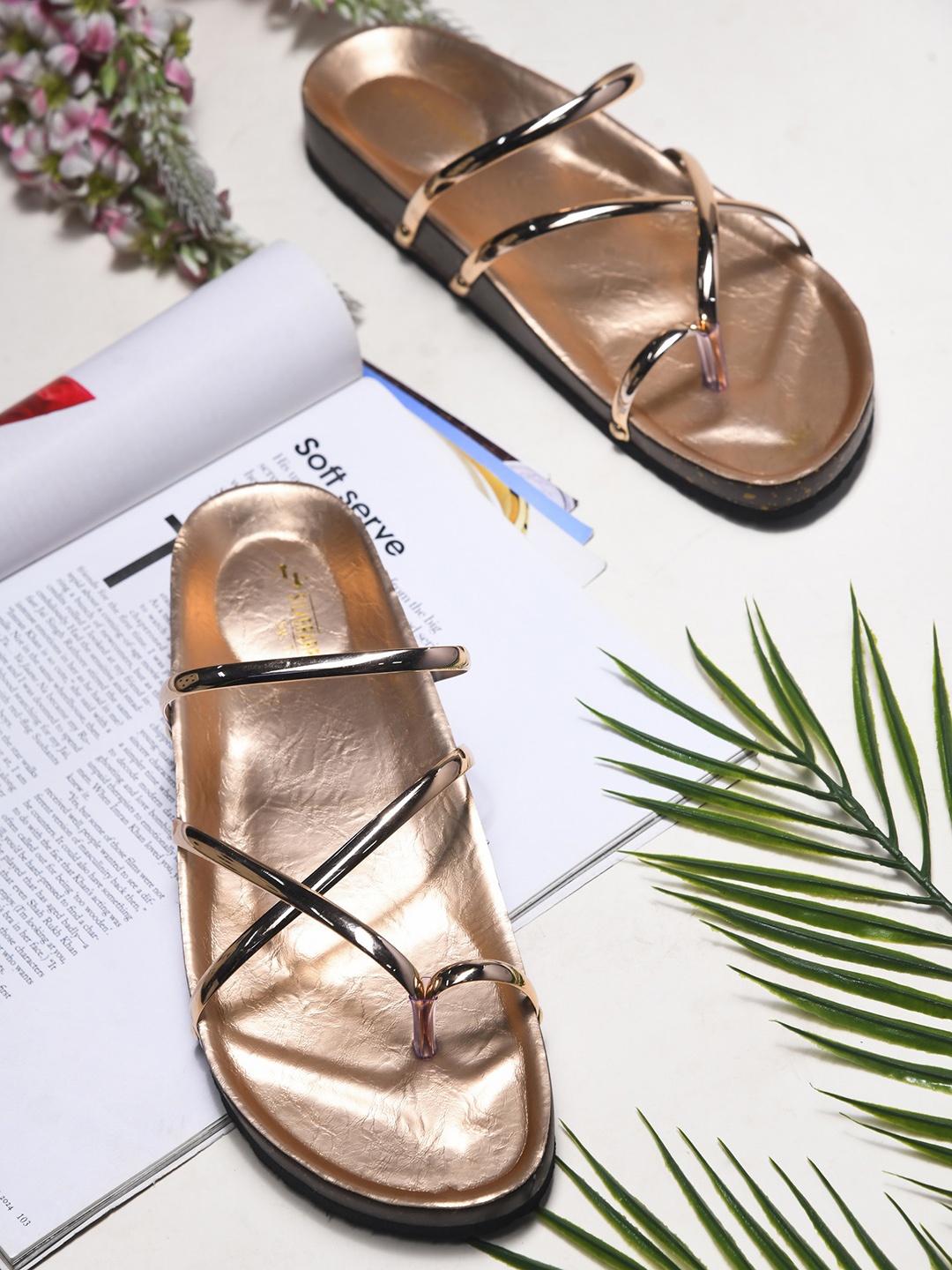 

Try Me Women Printed Open Toe Flats, Rose gold