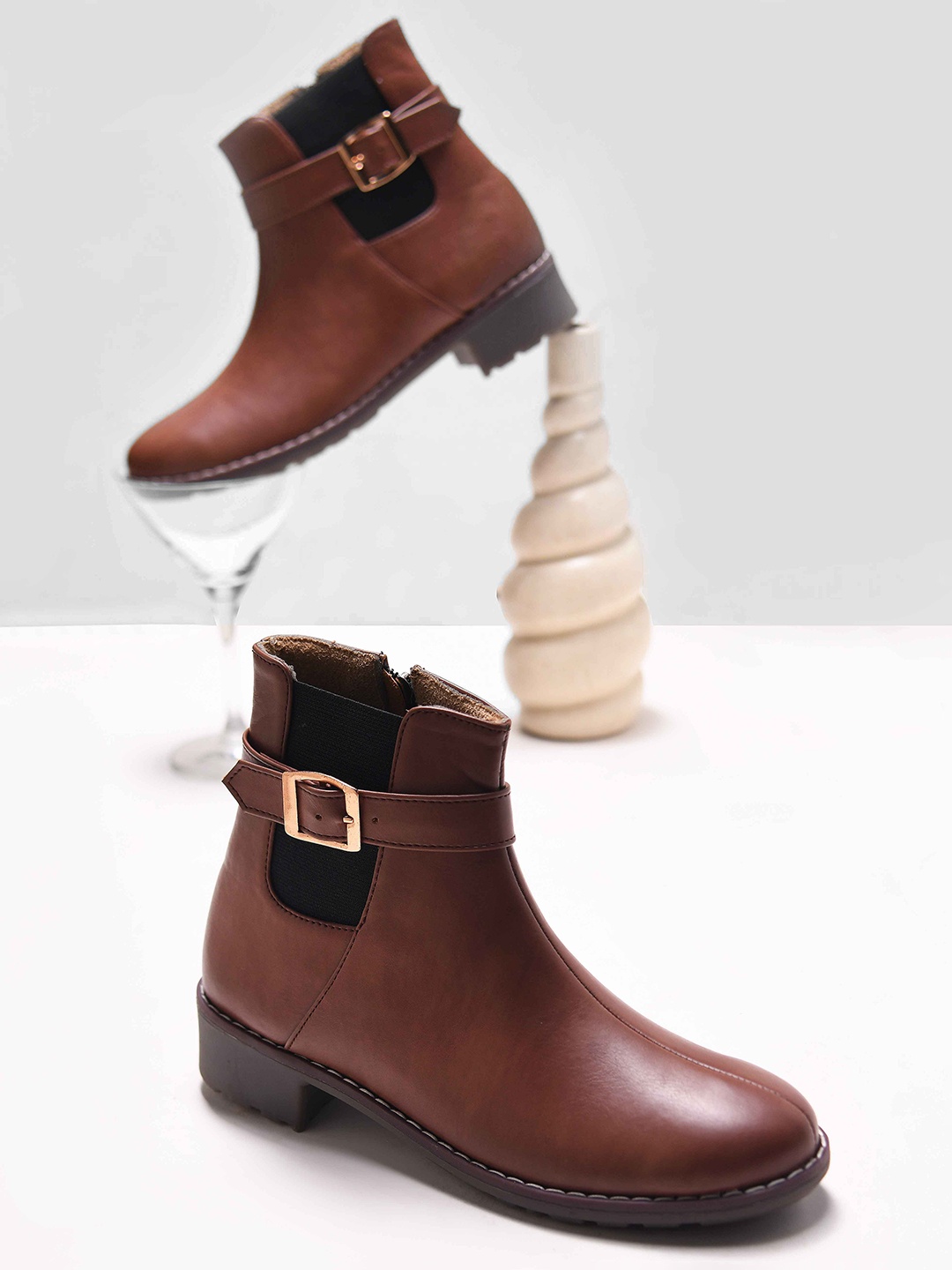 

JM Looks Women Block Heeled Ankle Boots, Brown