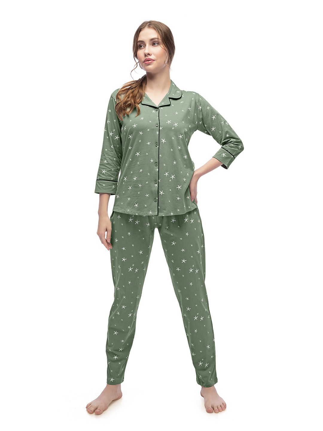 

Lotik Women Printed Lapel Collar Night Suit, Green