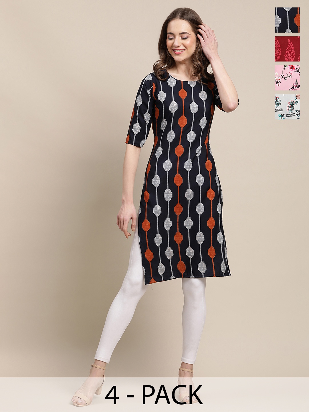

7Threads Selection of 4 Geometric Printed Crepe Straight Kurta, Black
