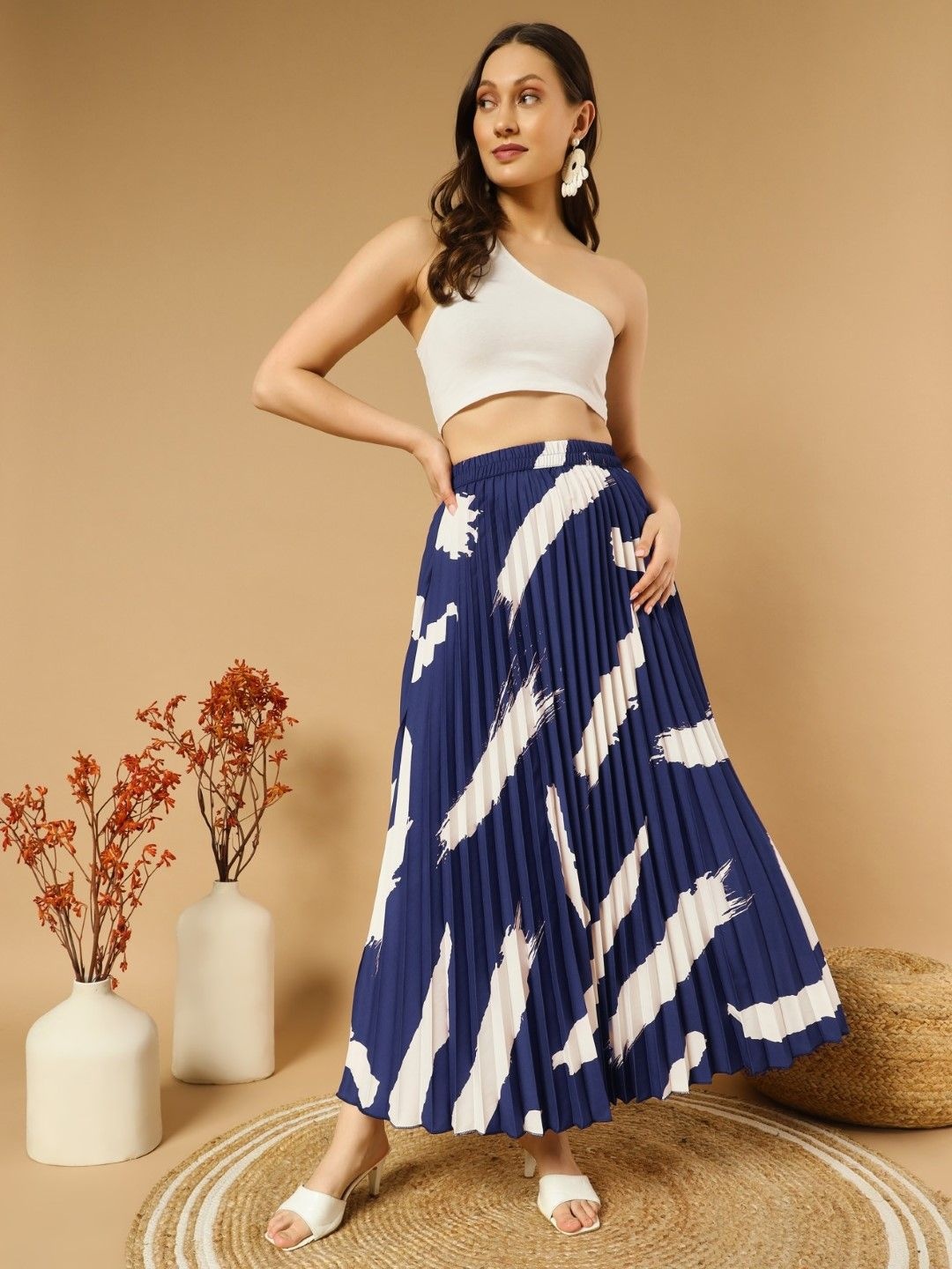 

Raiyani Enterprise Women Printed Pleated A-Line Maxi Skirt, Navy blue