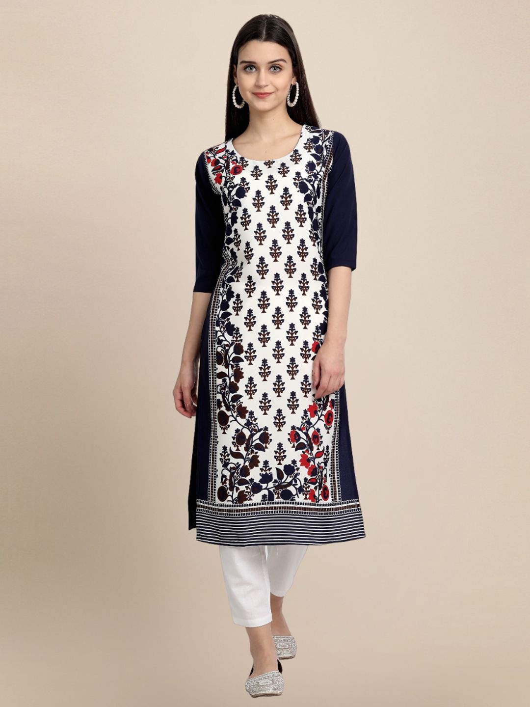 

7Threads Women Ethnic Motifs Printed Sequinned Floral Crepe Kurta, Blue