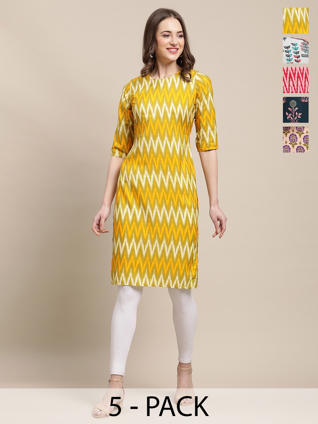 

7Threads Selection Of 5 Ethnic Printed Round Neck Kurtas, Yellow