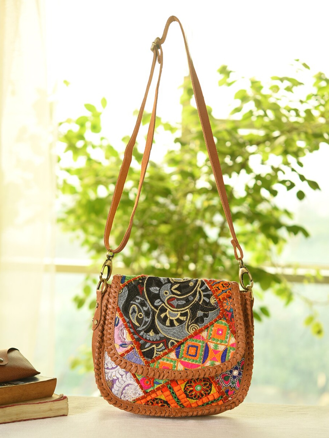 

JAYPORE Women Floral Printed Crossbody Leather Sling Bag, Brown