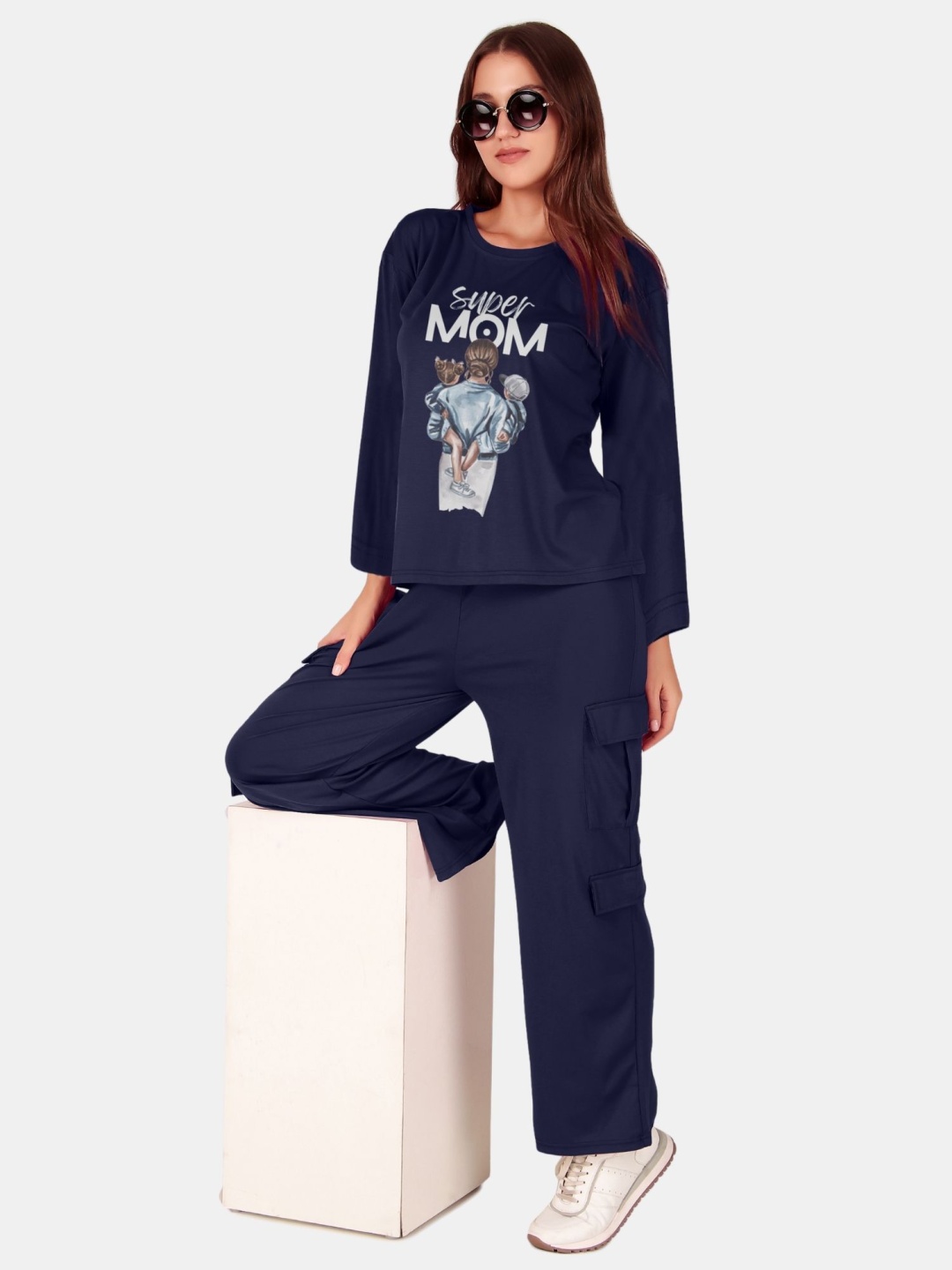 

Fasense Women Printed Full Sleeve Oversized T-Shirt & Cargo Pant, Navy blue
