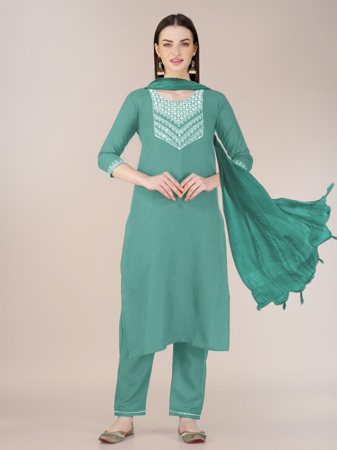 

HI FI NX Women Paisley Embroidered Regular Kurta with Trousers & With Dupatta, Teal