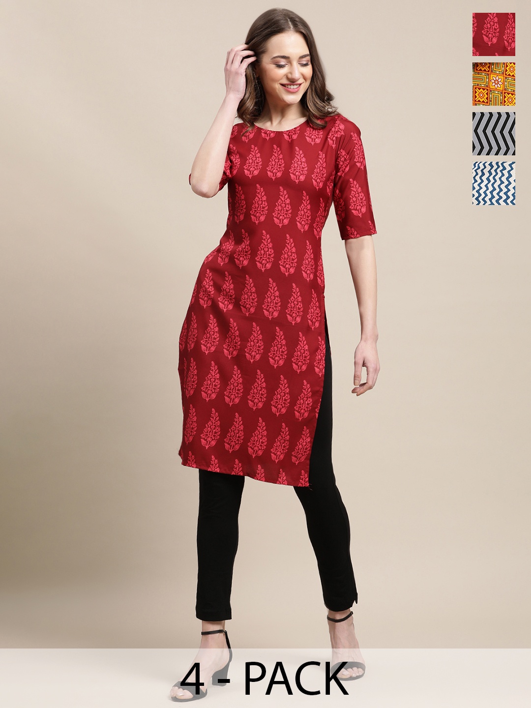 

7Threads Selection Of 4 Floral Printed Round Neck Straight Kurta, Red